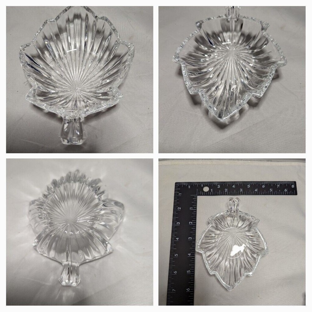 Vintage CLEAR Glass LEAF Trinket Candy Dish Lead Crystal Thick CUT glass